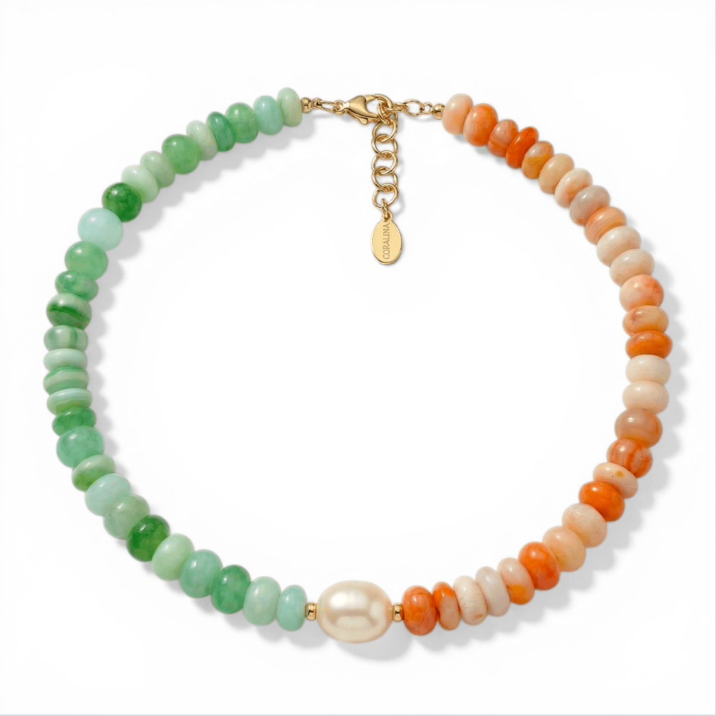 The Bari Orange and Green Opal, Pearl Necklace - Coralina