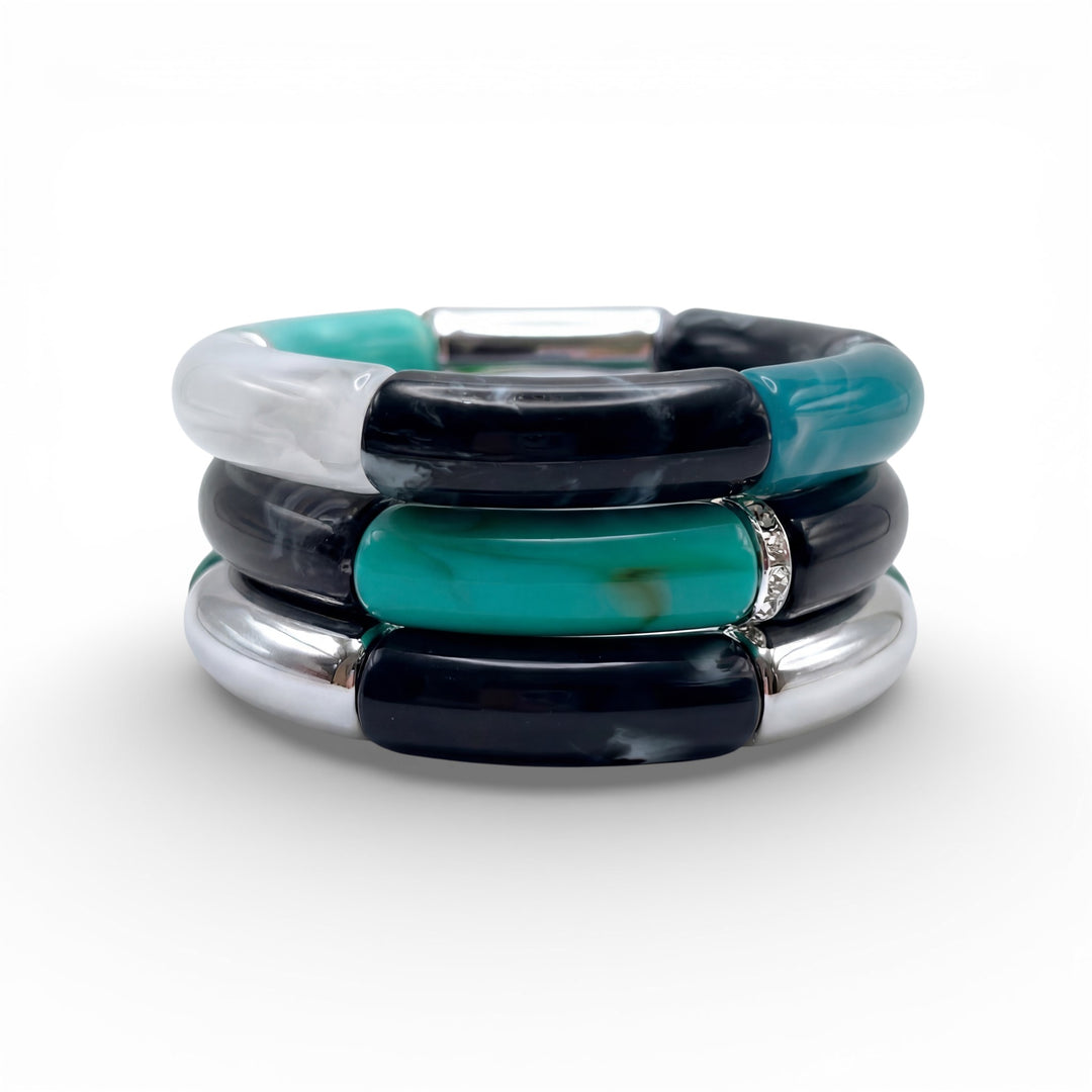 Byron Bay Resin Bracelet Trio | Blue Black Silver Stackable Bracelets - Coralina