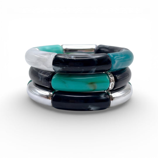 Byron Bay Resin Bracelet Trio | Blue Black Silver Stackable Bracelets - Coralina