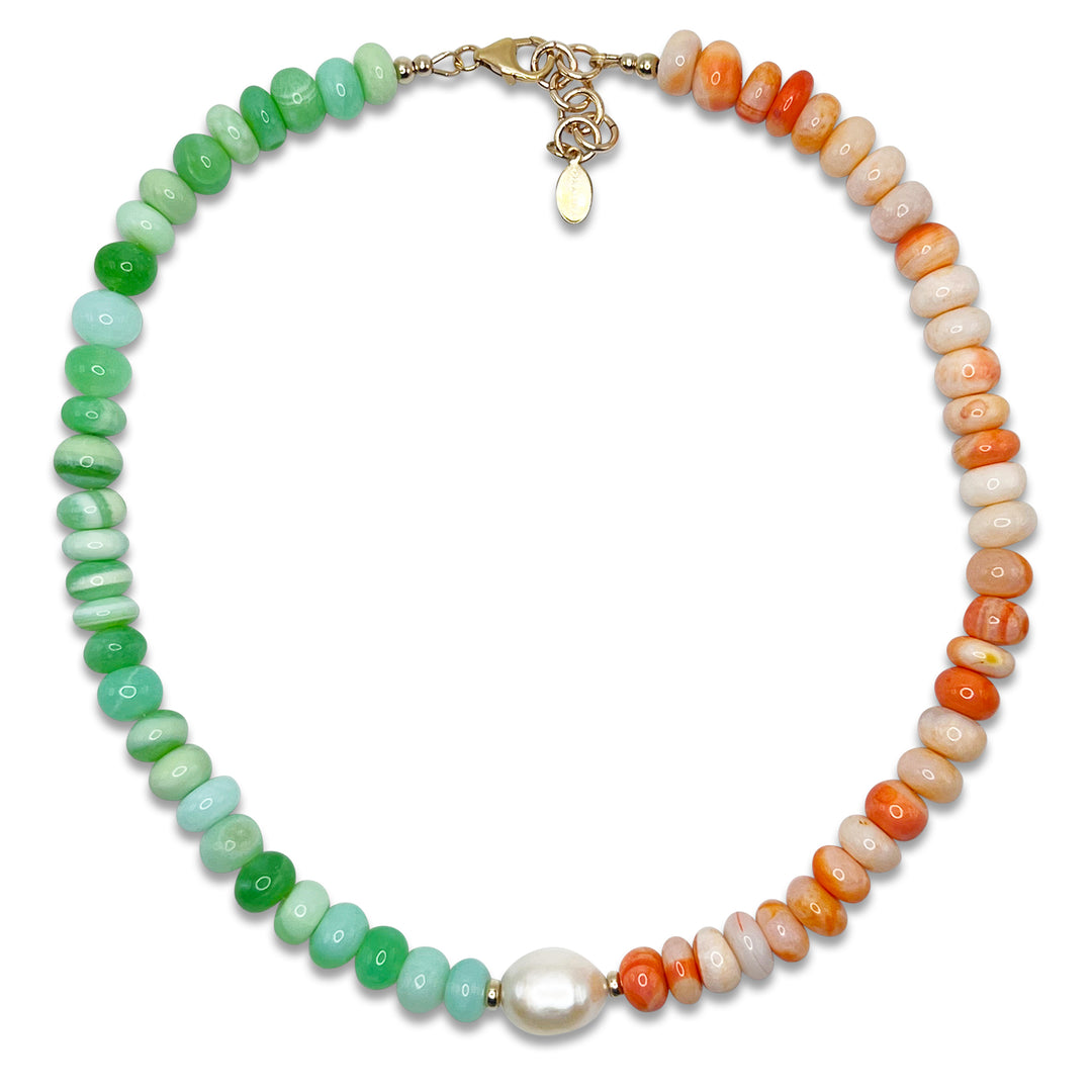 Orange and green opal, pearl necklace finished with a 14K gold filled clasp. 