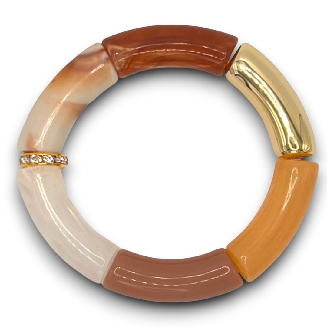 Beige, Gold, and Amber Beaded Resin Stretch Bracelet with a diamond rhinestone rondel. 