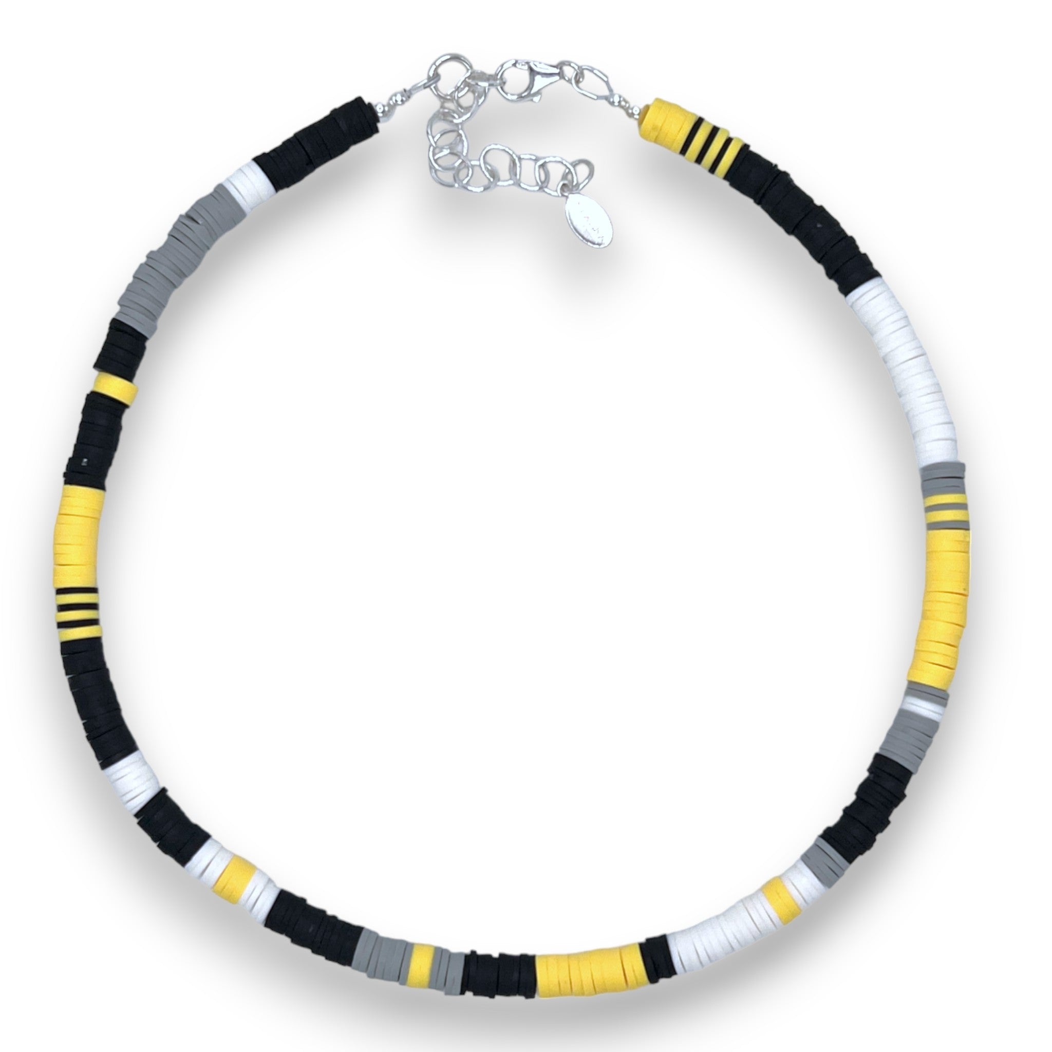 Black, gray, white, and yellow beaded necklace with a sterling silver clasp. 