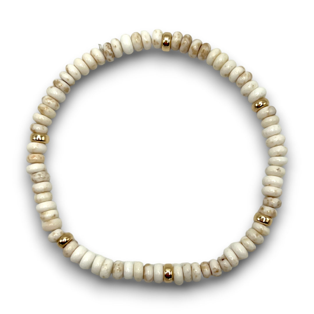 White Turquoise and Gold Beaded Stretch Bracelet. 