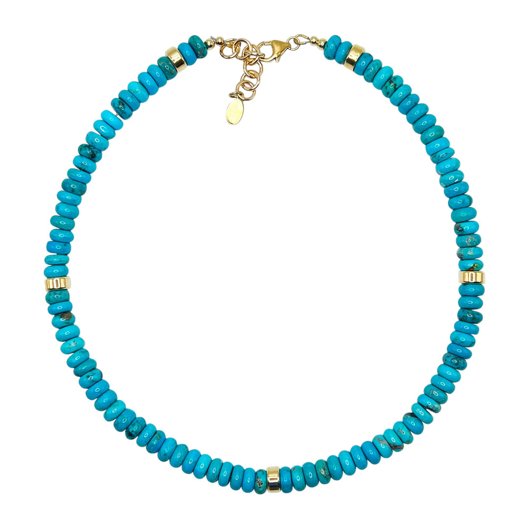 Beaded 8mm Natural Arizona Turquoise and 14K Gold Necklace. Handmade in the U.S. 