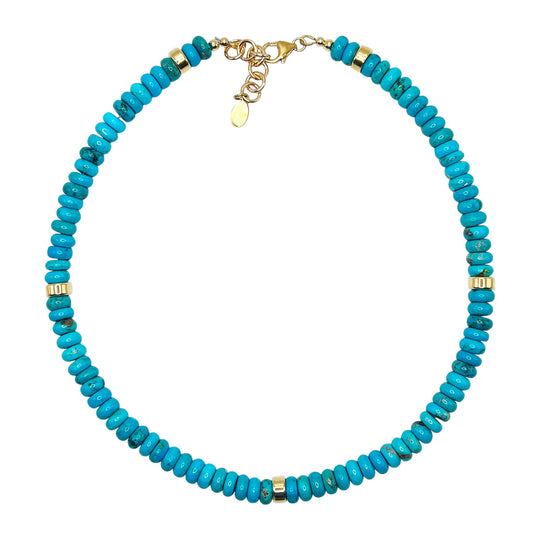 Beaded 8mm Natural Arizona Turquoise and 14K Gold Necklace. Handmade in the U.S. 