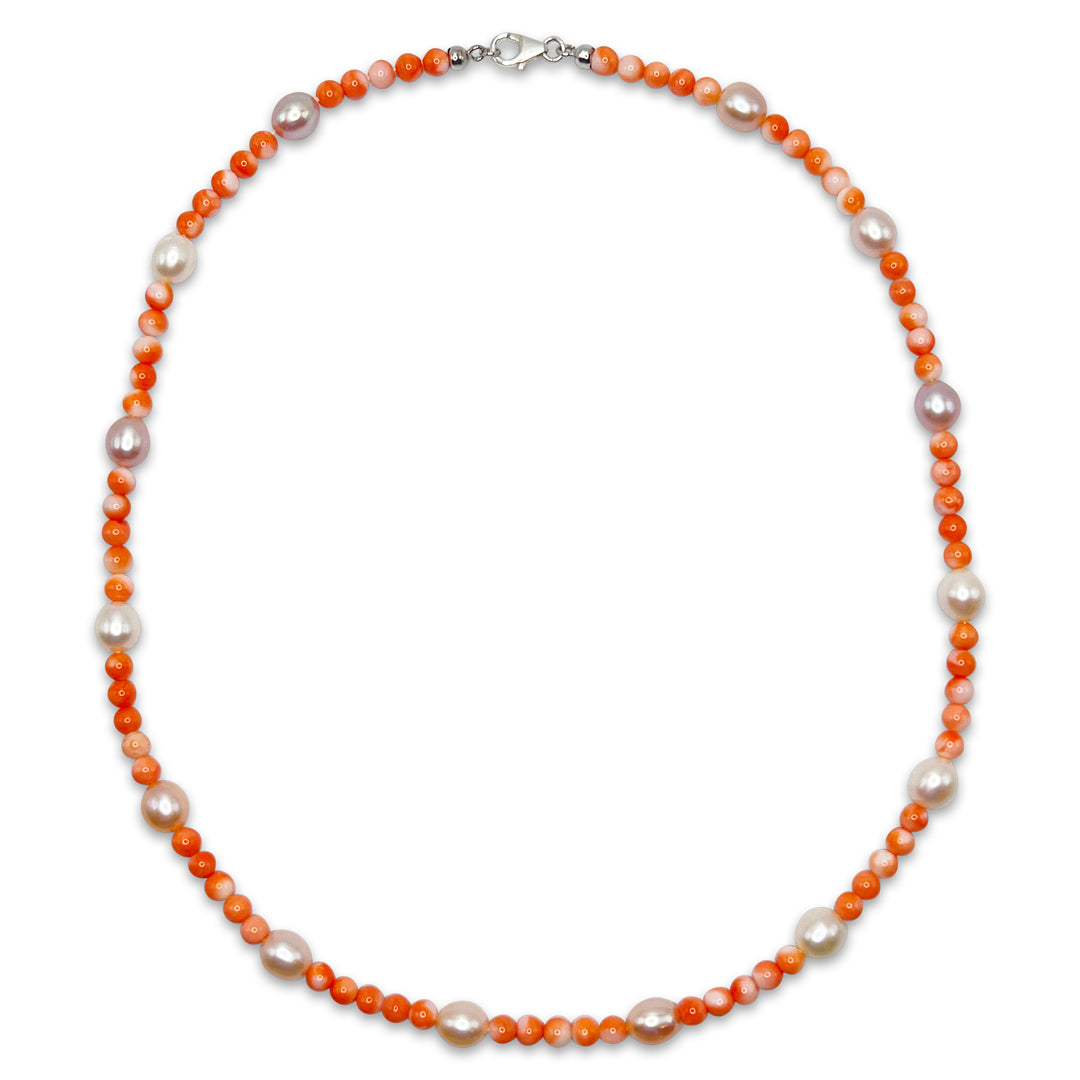 Natural and Sustainable South Pacific Pink Coral and Pearl Necklace Finished with a Sterling Silver Clasp. Made in Italy.