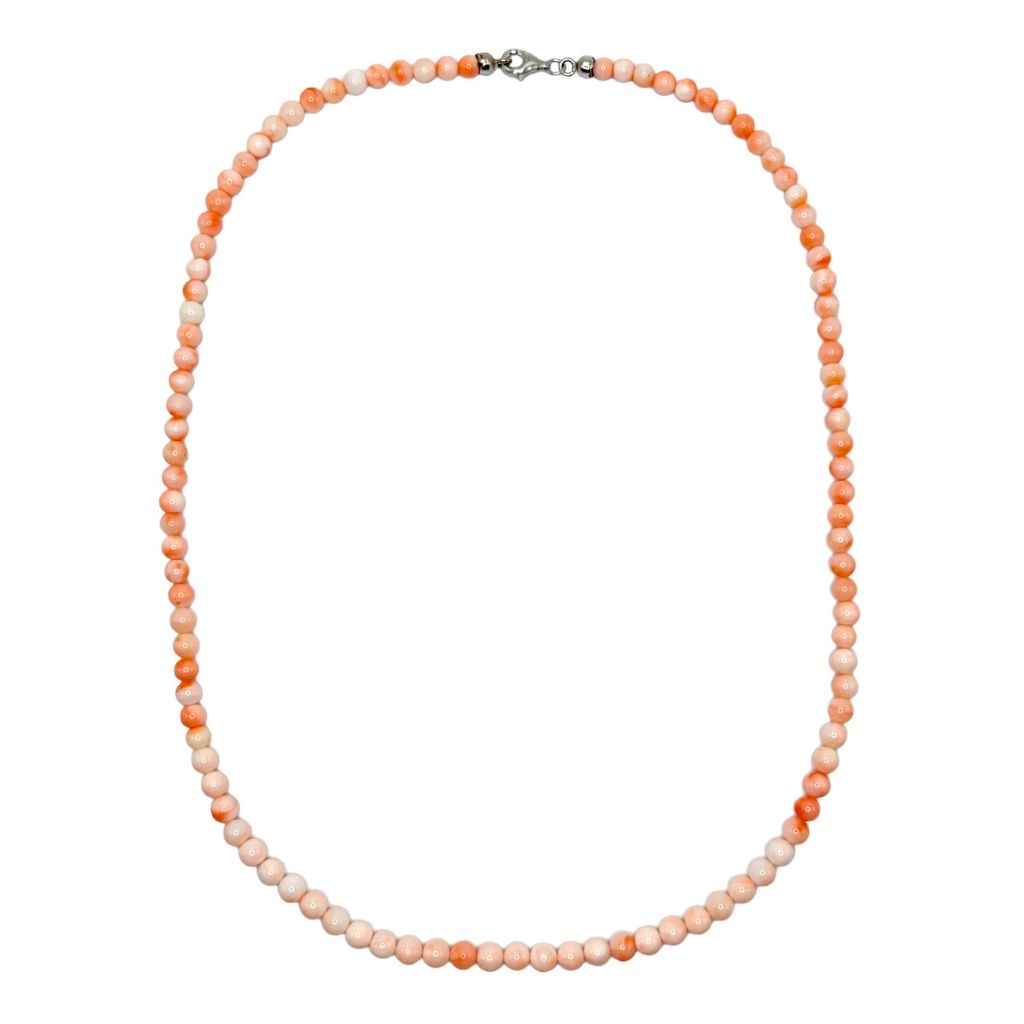 Beaded South Pacific pink coral necklace expertly strung in Italy and finished with 925 sterling silver. 