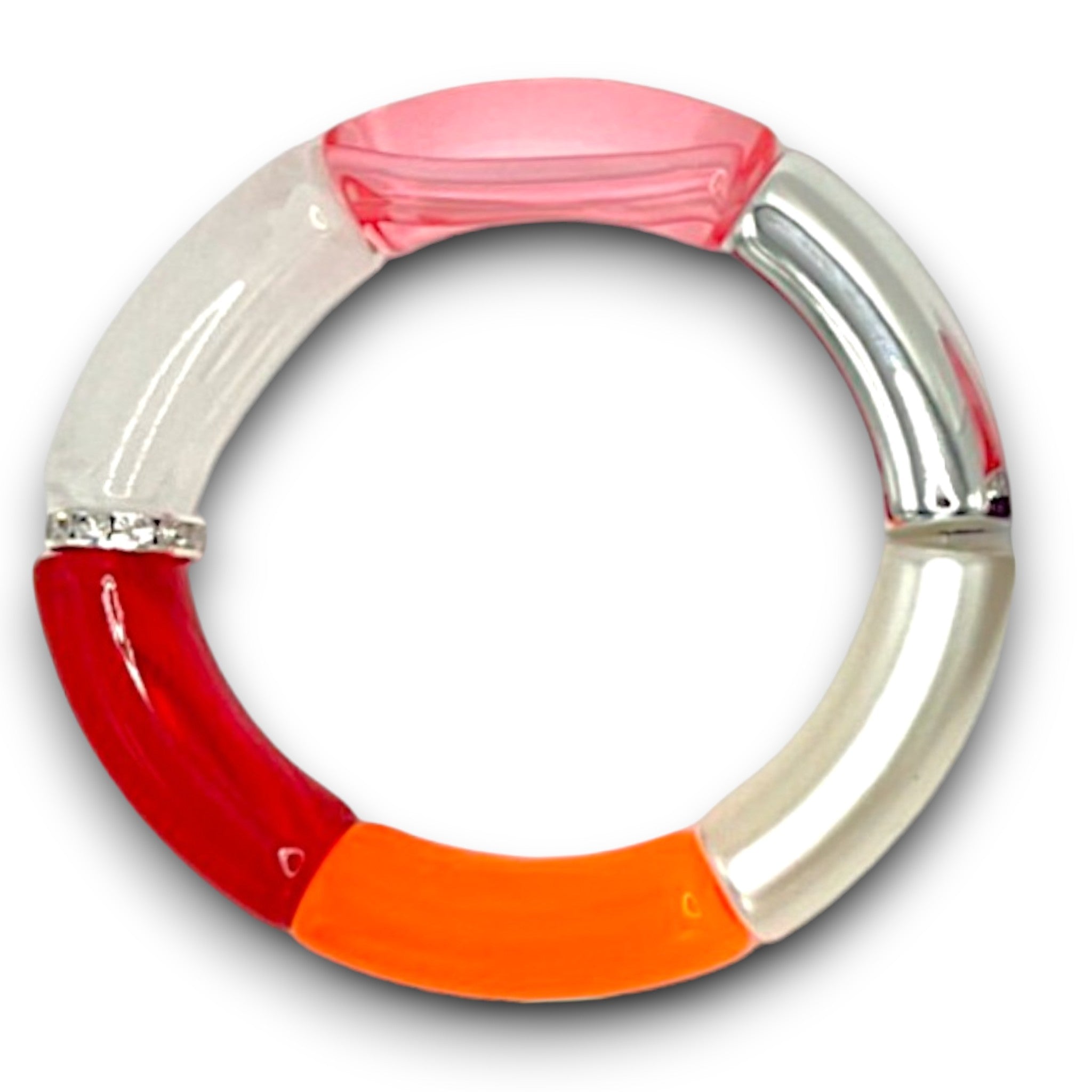 Pink, orange, silver and white beaded resin stretch bracelet with a diamond rhinestone roundel.  