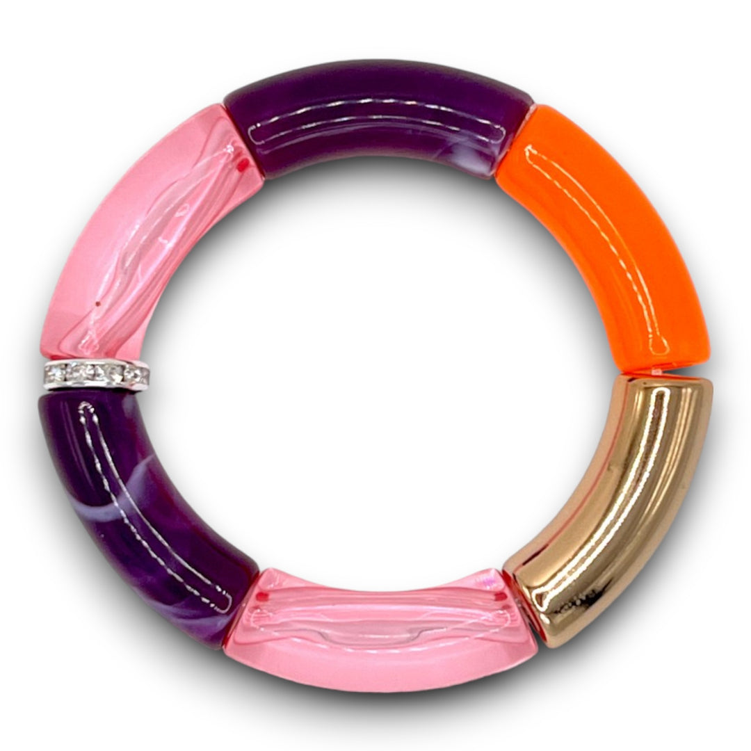 Pink, orange, gold and purple beaded resin stretch bracelet with a diamond rhinestone roundel.  