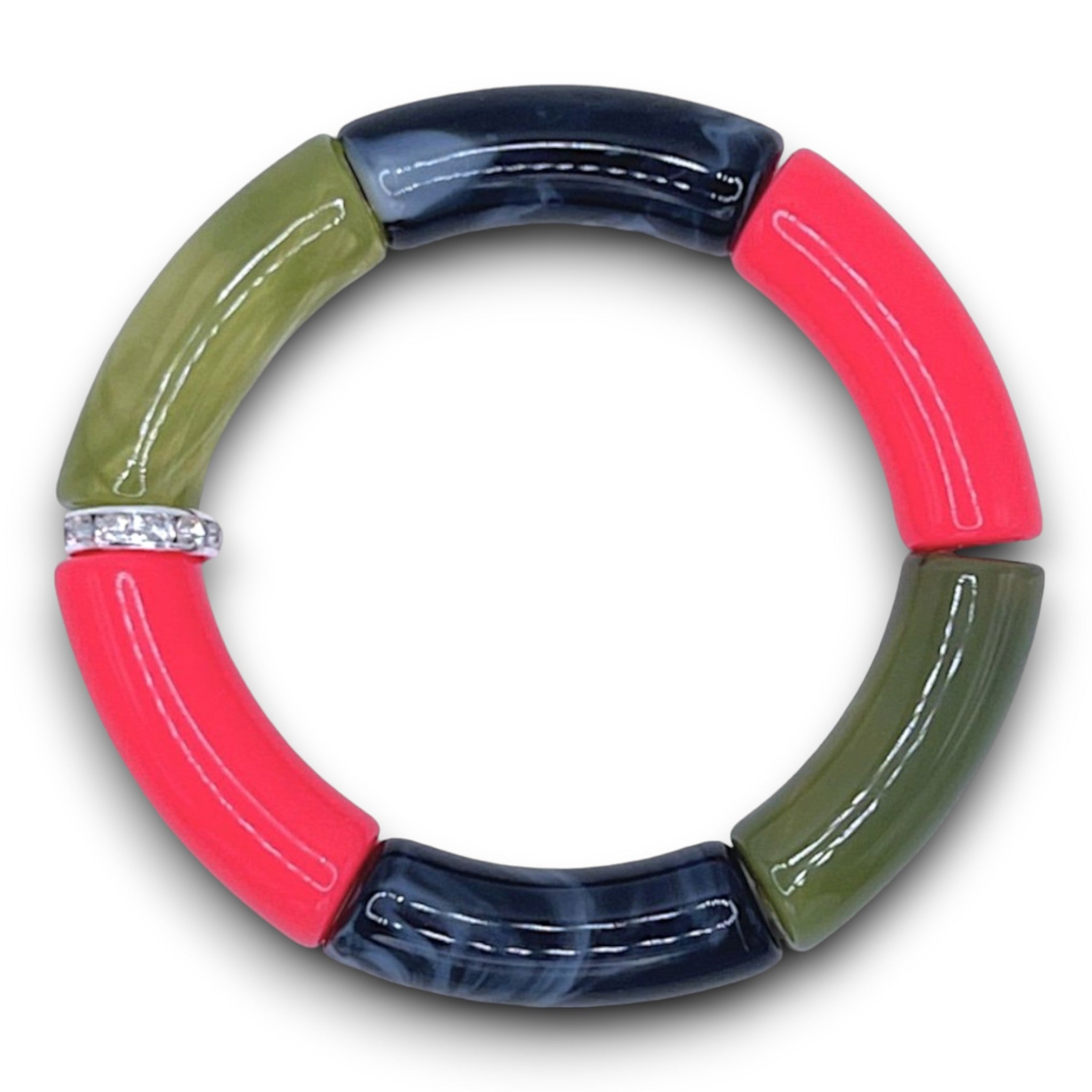 Hot Pink, Green, and Black Beaded Resin Stretch Bracelet with a Diamond Rhinestone Roundel.  