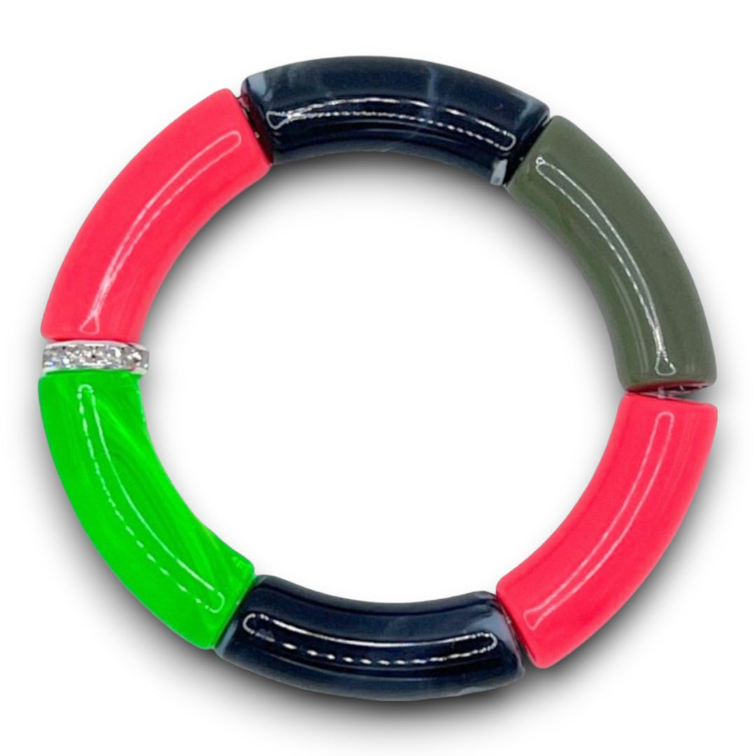 Pink, green and black beaded resin stretch bracelet with a diamond rhinestone roundel. 
