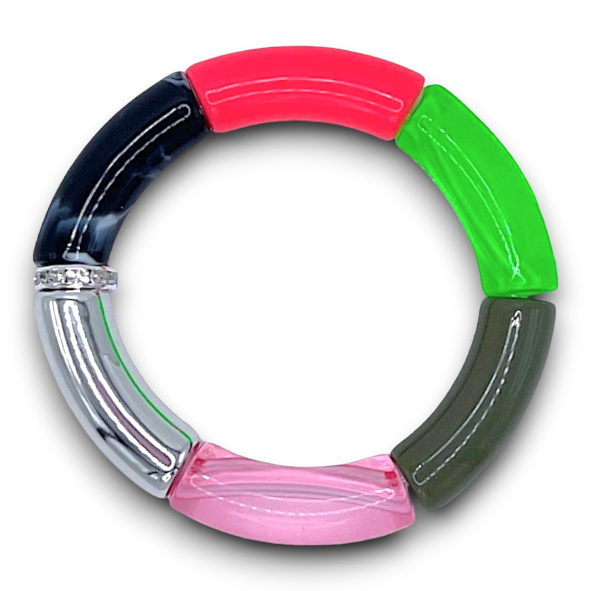 Pink, Black, Silver and Green Beaded Stretch Resin Bracelet with a Diamond Rhinestone Roundel. 