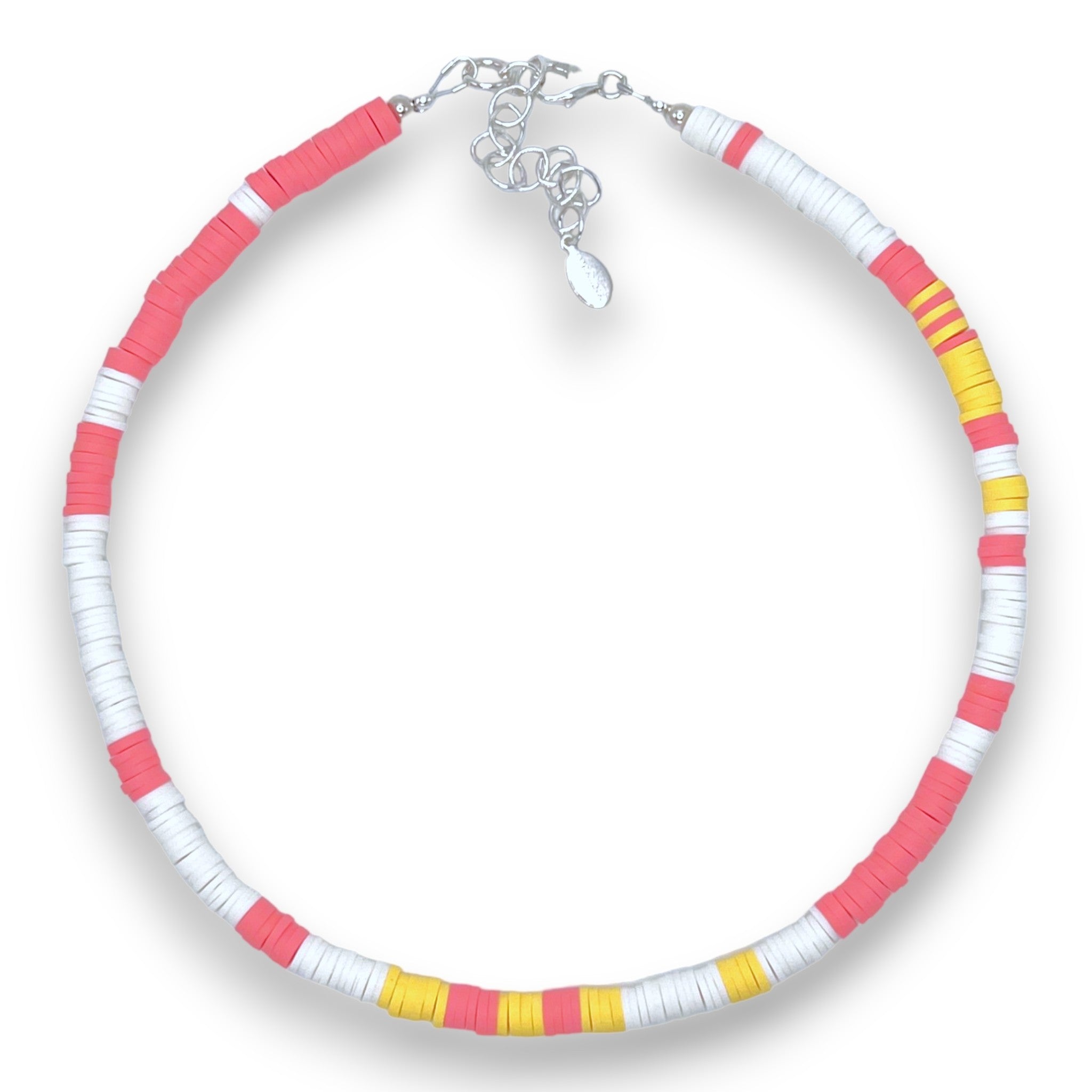 White, Pink and Yellow Vinyl Disk Necklace with 925 Sterling Silver. 