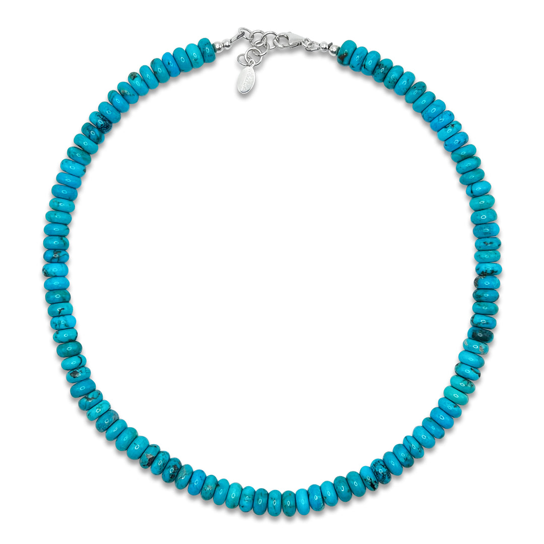 A vibrant blue Arizona turquoise necklace expertly strung and finished with 925 sterling silver. 
