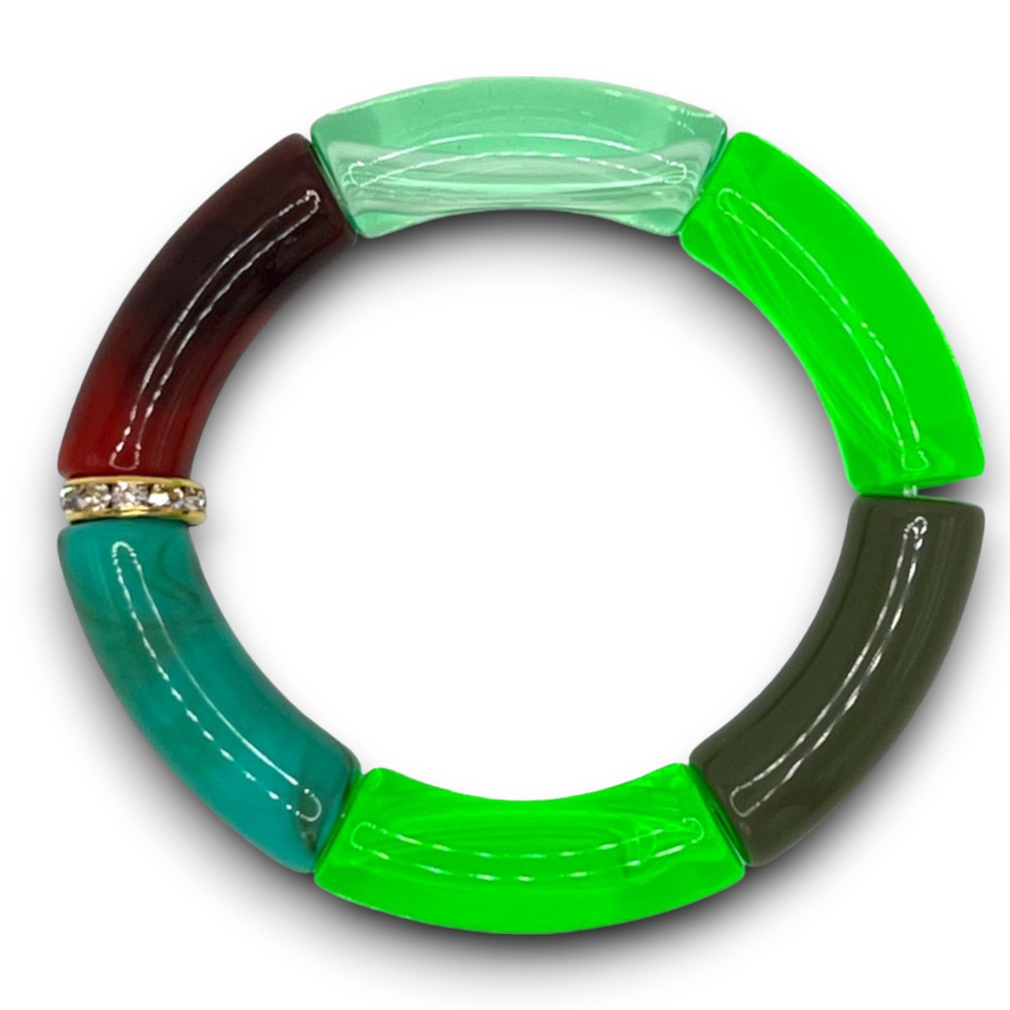 Neon green, turquoise and amber resin stretch bracelet with a diamond rhinestone roundel. 