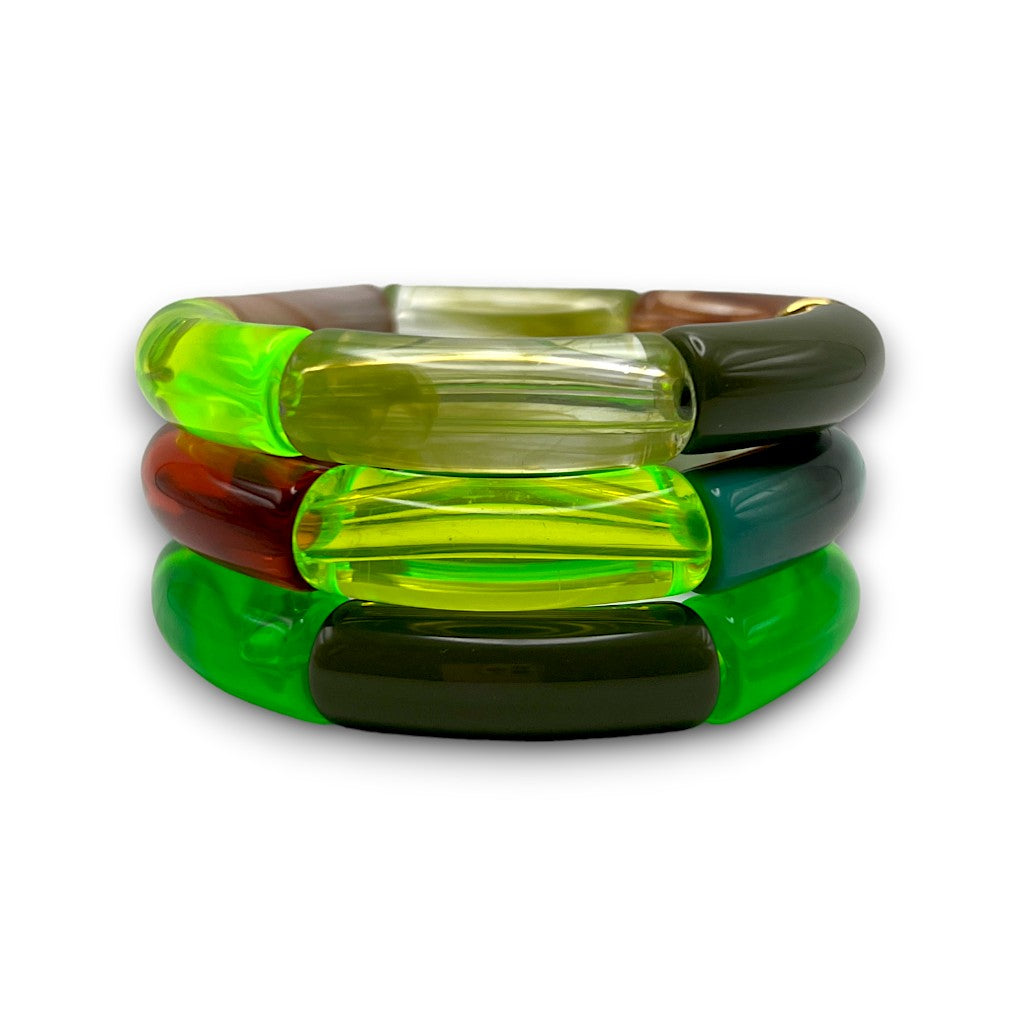 Three neon green and amber beaded resin stretch bracelet stack. 