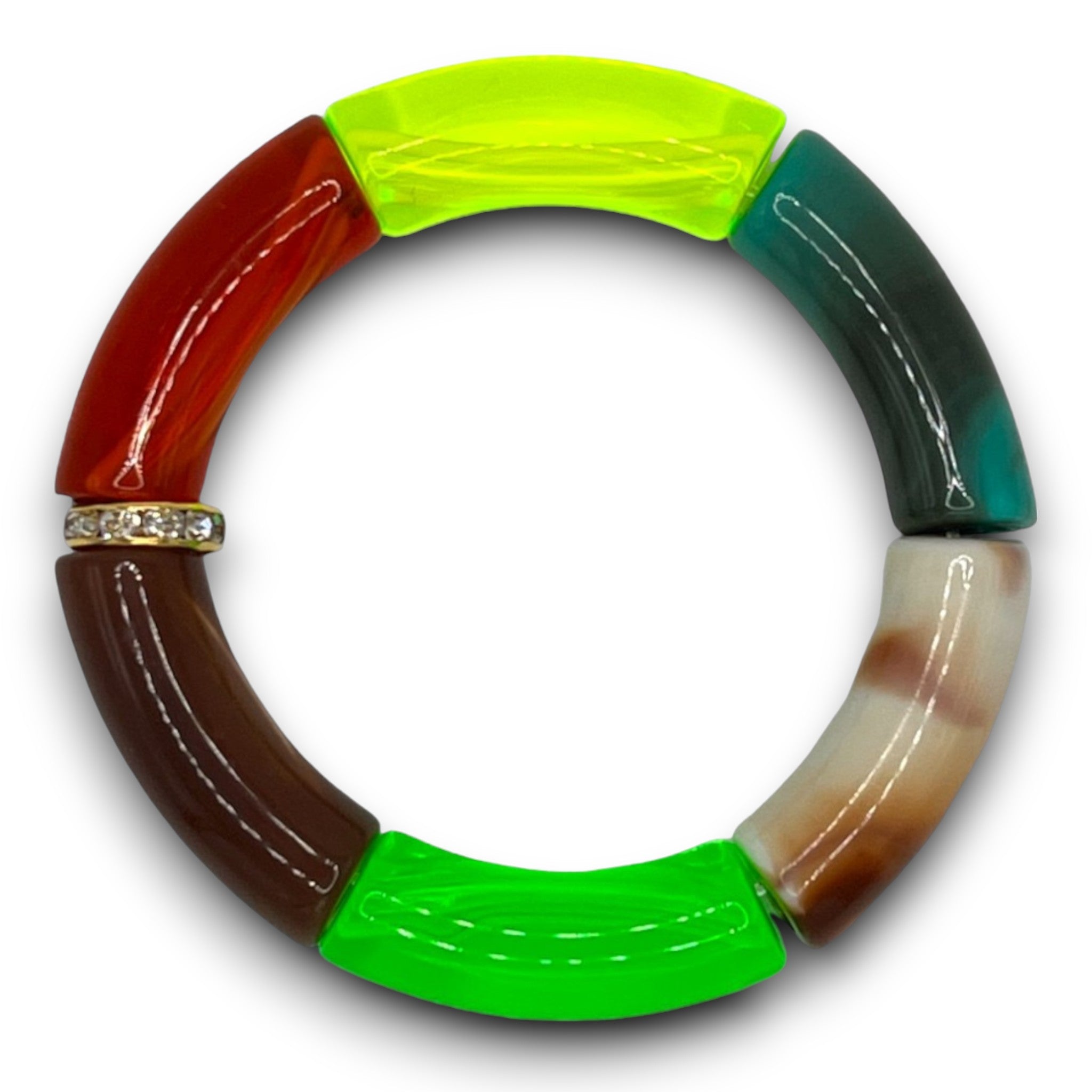 Neon Green, amber and bright yellow beaded resin stretch bracelet with a diamond rhinestone roundel. 