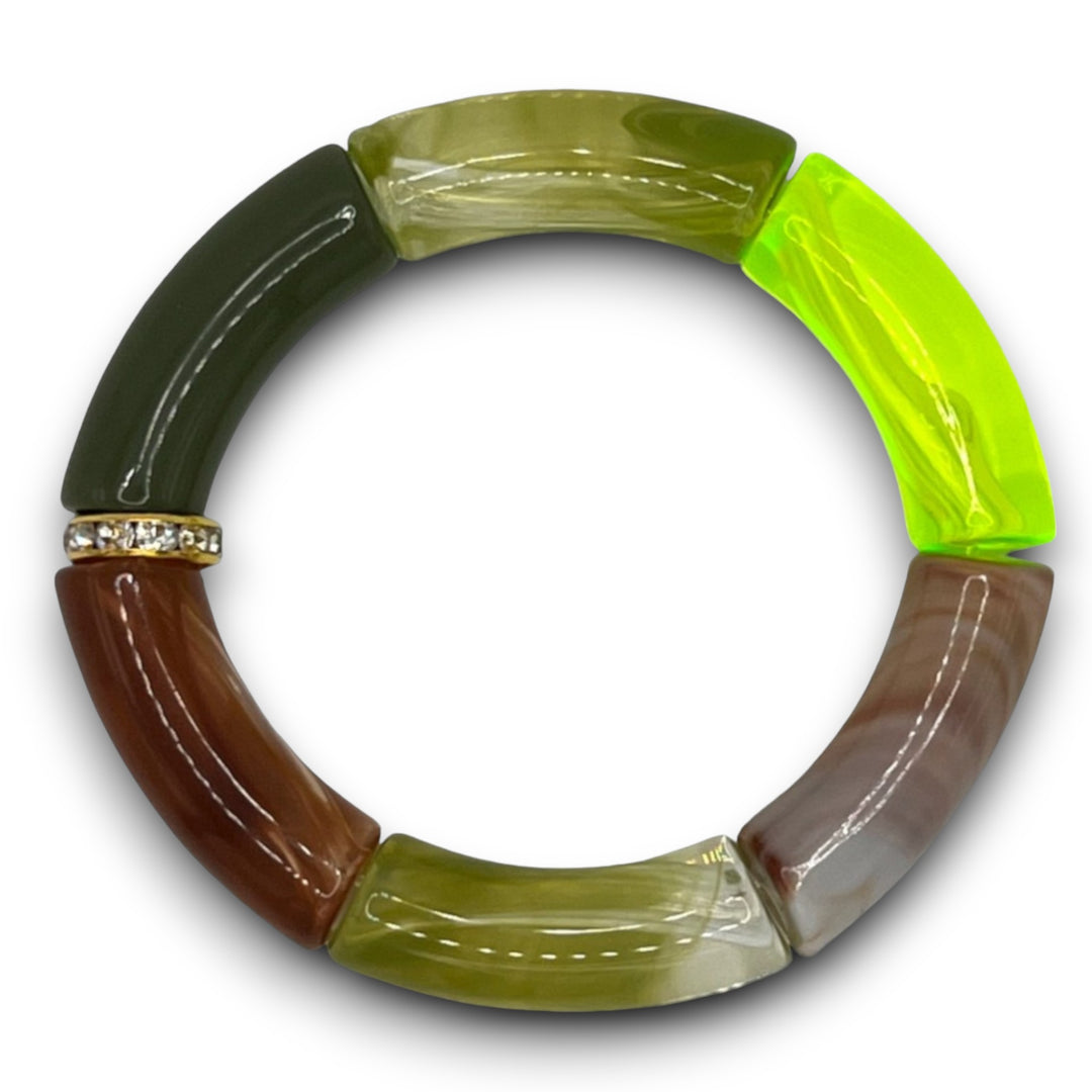 Neon yellow, green and amber resin stretch bracelet with a diamond rhinestone roundel. 