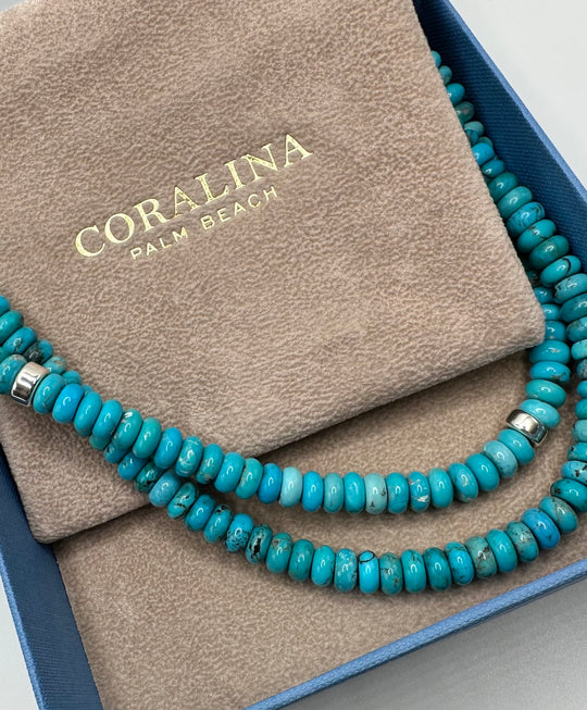 Two genuine AAA grade natural Arizona turquoise beaded necklaces placed in a custom Italian Coralina Palm Beach box. 