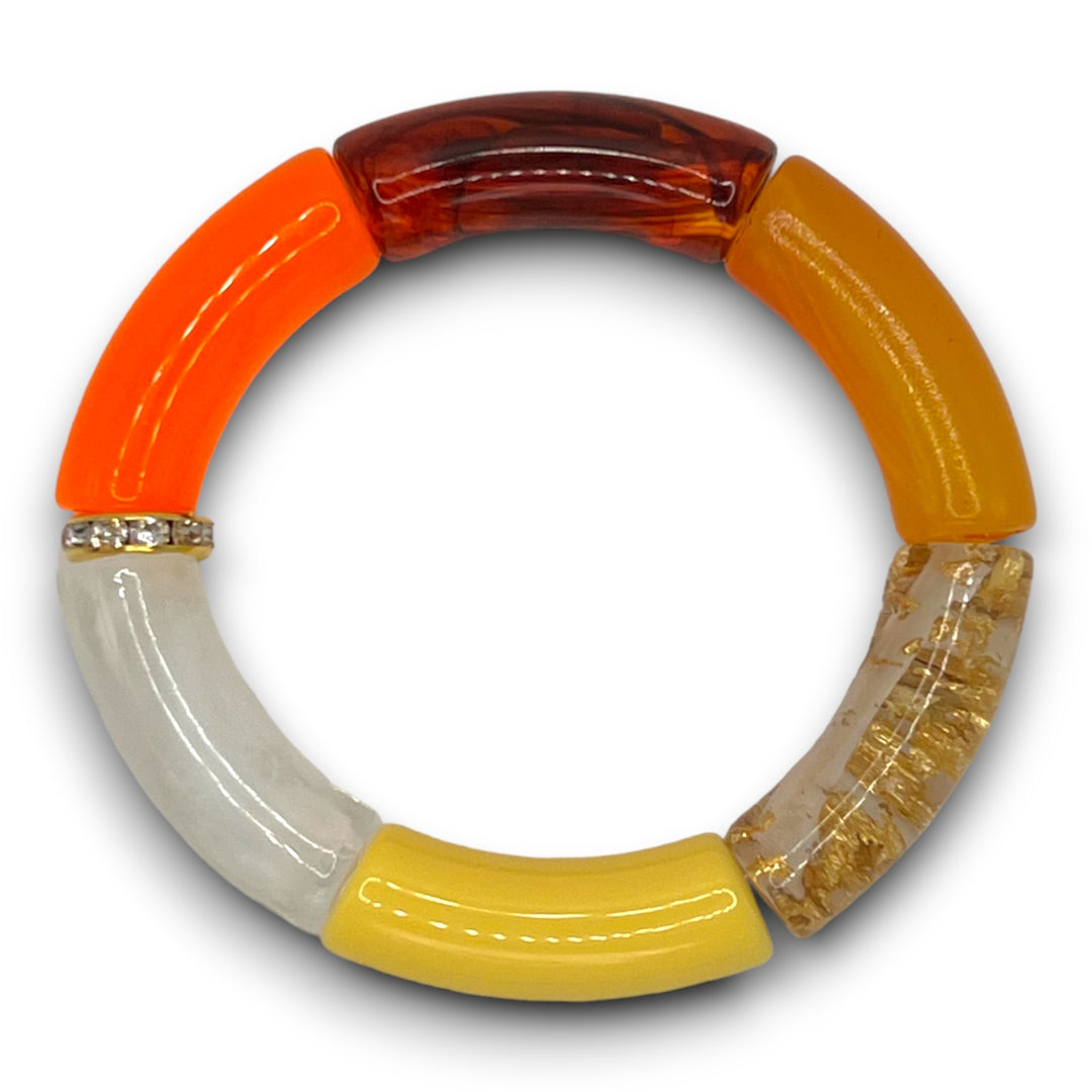 Orange, Amber and Gold Stretch Resin Beaded Bracelet with Diamond Rhinestone Roundel.