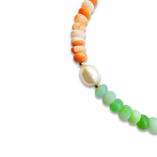 Bright Orange and green opal, pearl necklace finished with a 14K gold filled clasp. 