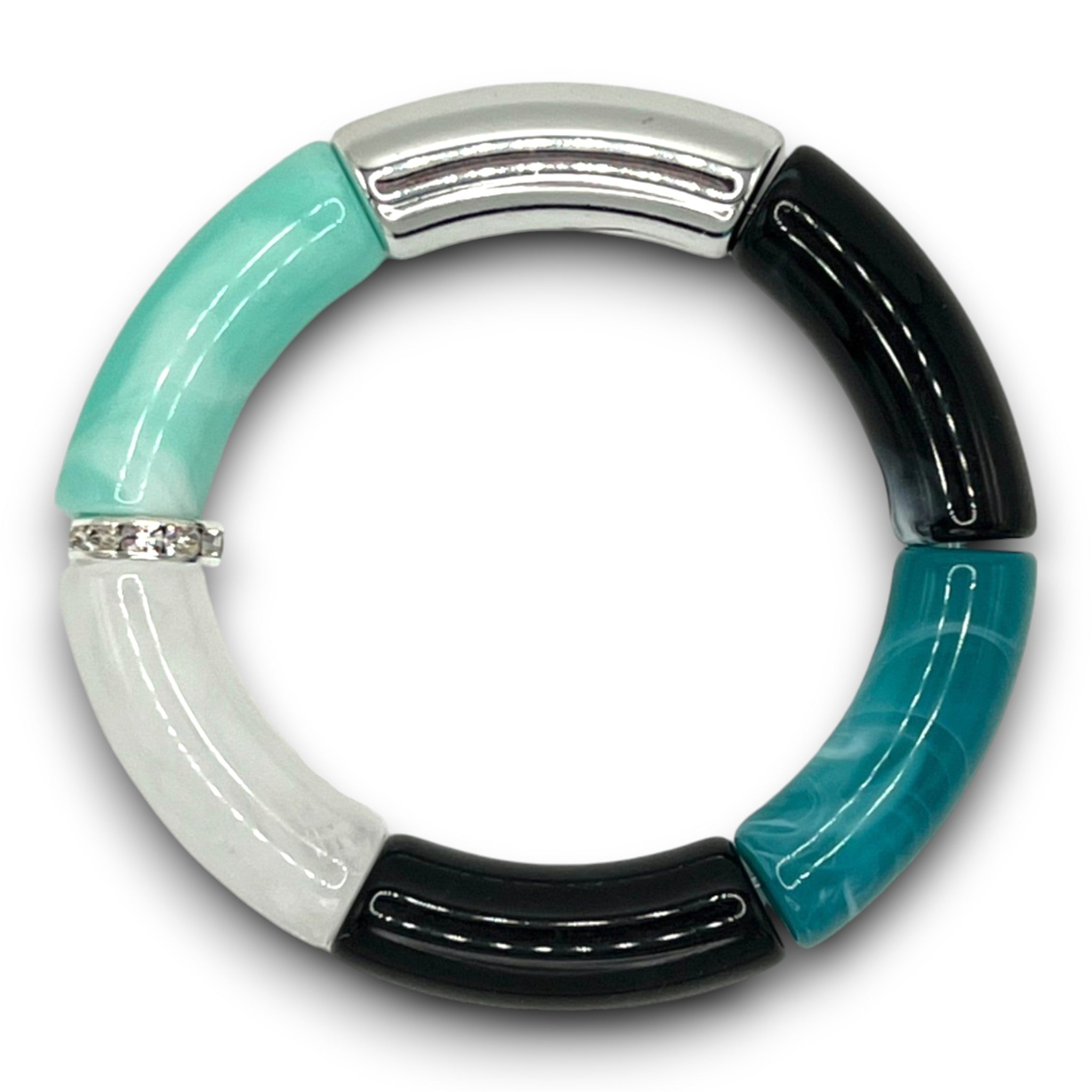 Blue, Silver and Black Stretch Resin Beaded Bracelet with a Rhinestone Roundel. 