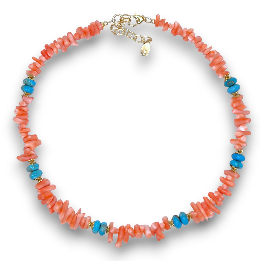 Rare sciacca coral and natural bright blue turquoise necklace punctuated by delicate gold accents.