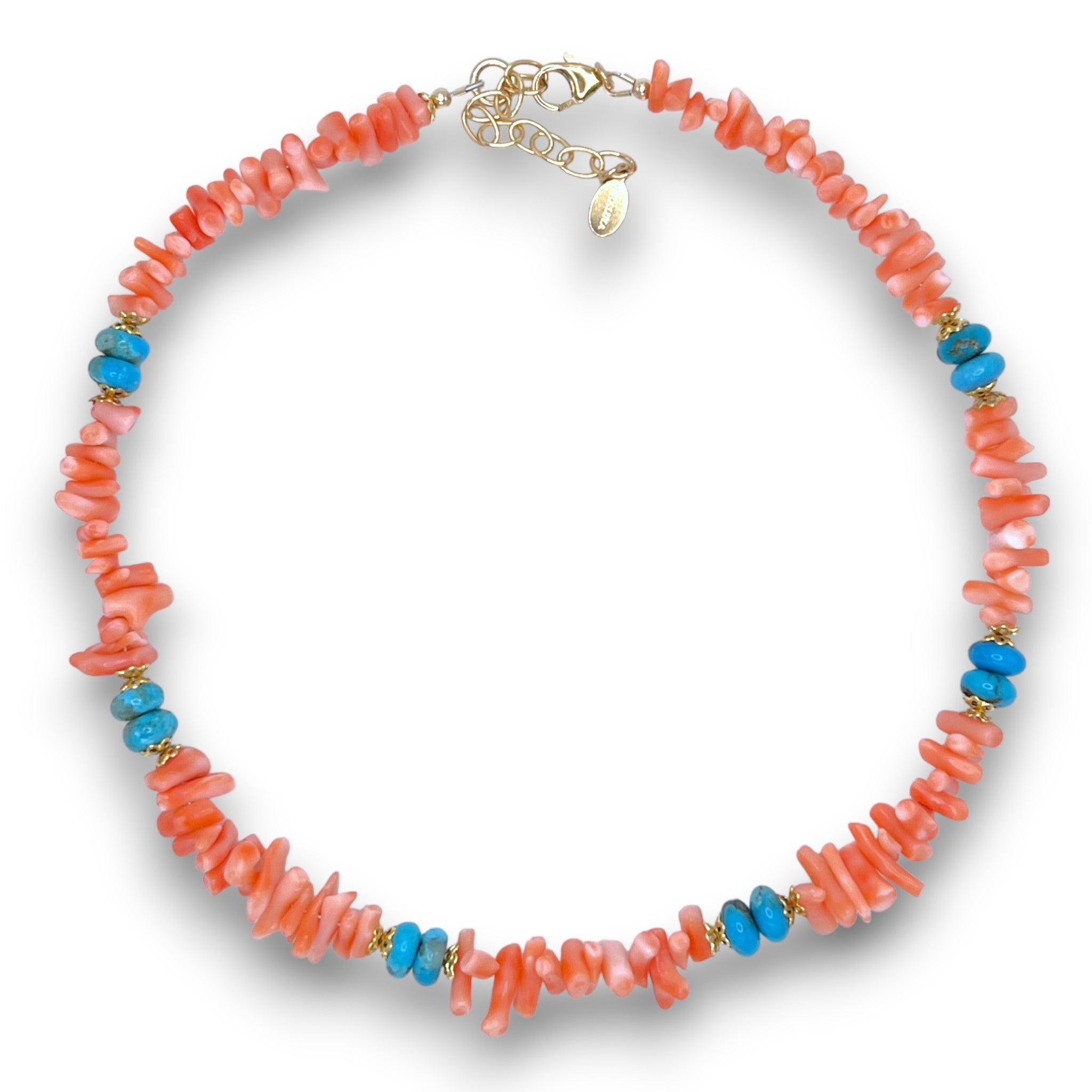Rare sciacca coral and natural bright blue turquoise necklace punctuated by delicate gold accents.