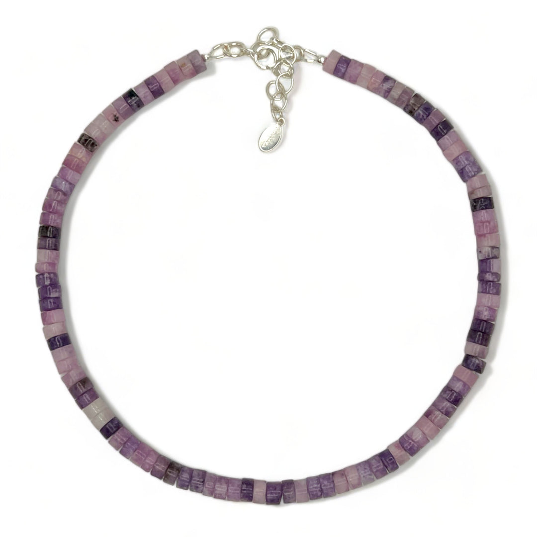 Beaded Purple Lepiodolite Necklace with Sterling Silver clasp and Custom Coralina Tag. 