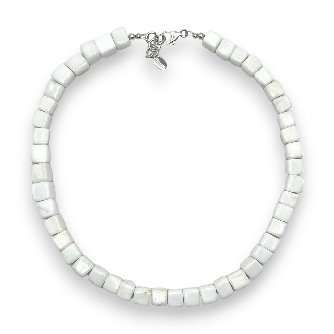 Natural white opal necklace shaped into cubed beads and finished with 925 sterling silver. 