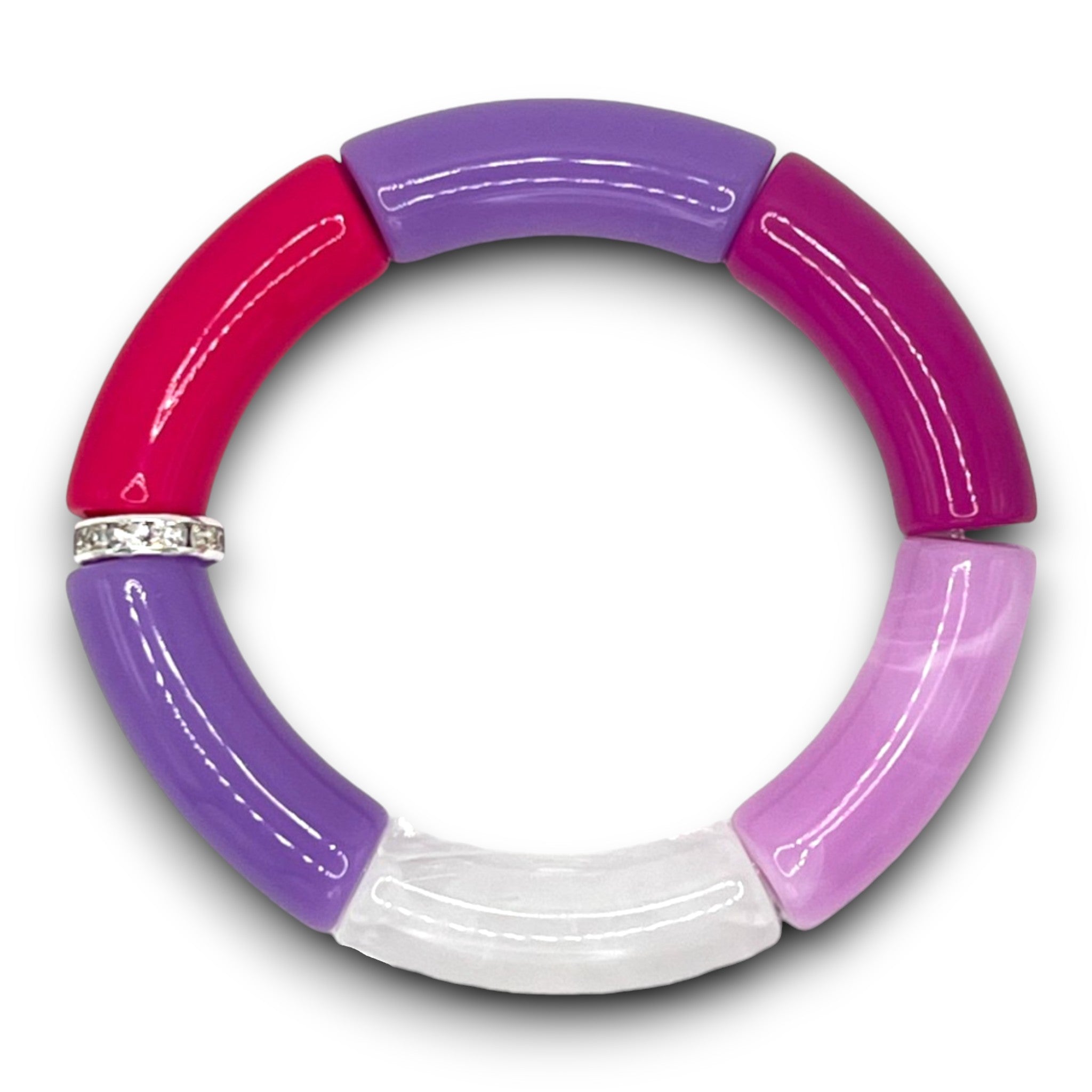 Purple, pink and white beaded resin stretch bracelet with a diamond rhinestone roundel. 