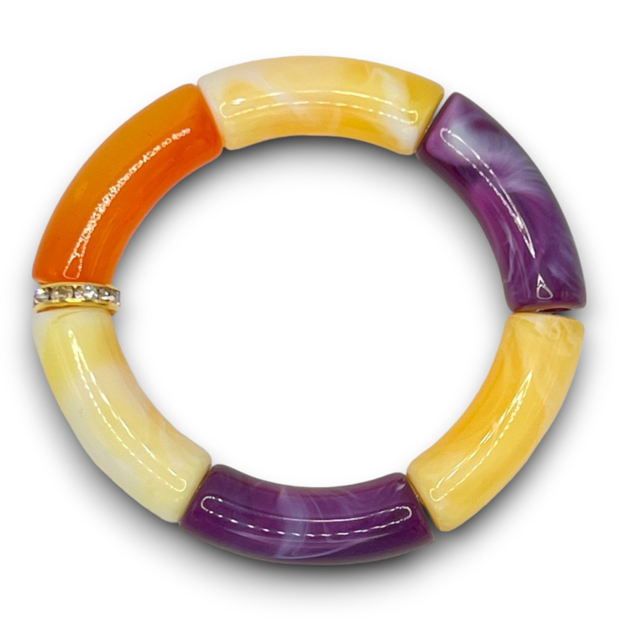 Orange, yellow and purple beaded resin stretch bracelet with a diamond rhinestone roundel. 
