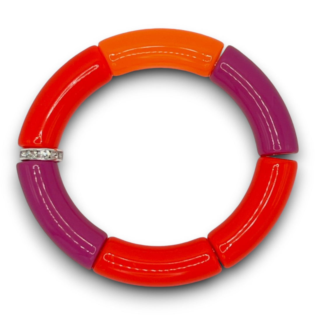 Bright red, orange, and purple beaded resin stretch bracelet with a diamond rhinestone roundel. 