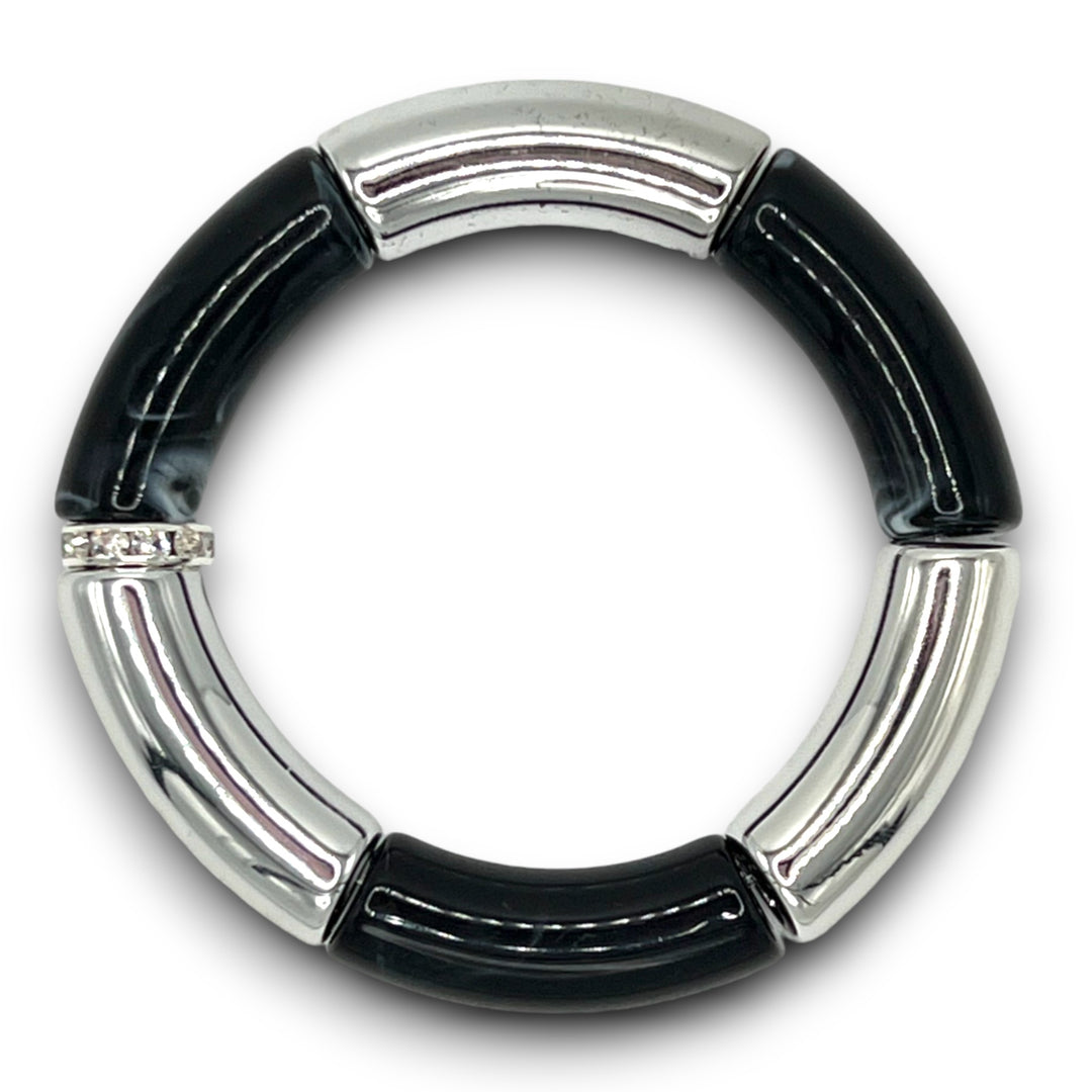 Silver and Black Resin Stretch Bracelet with a Diamond Rhinestone Roundel. 