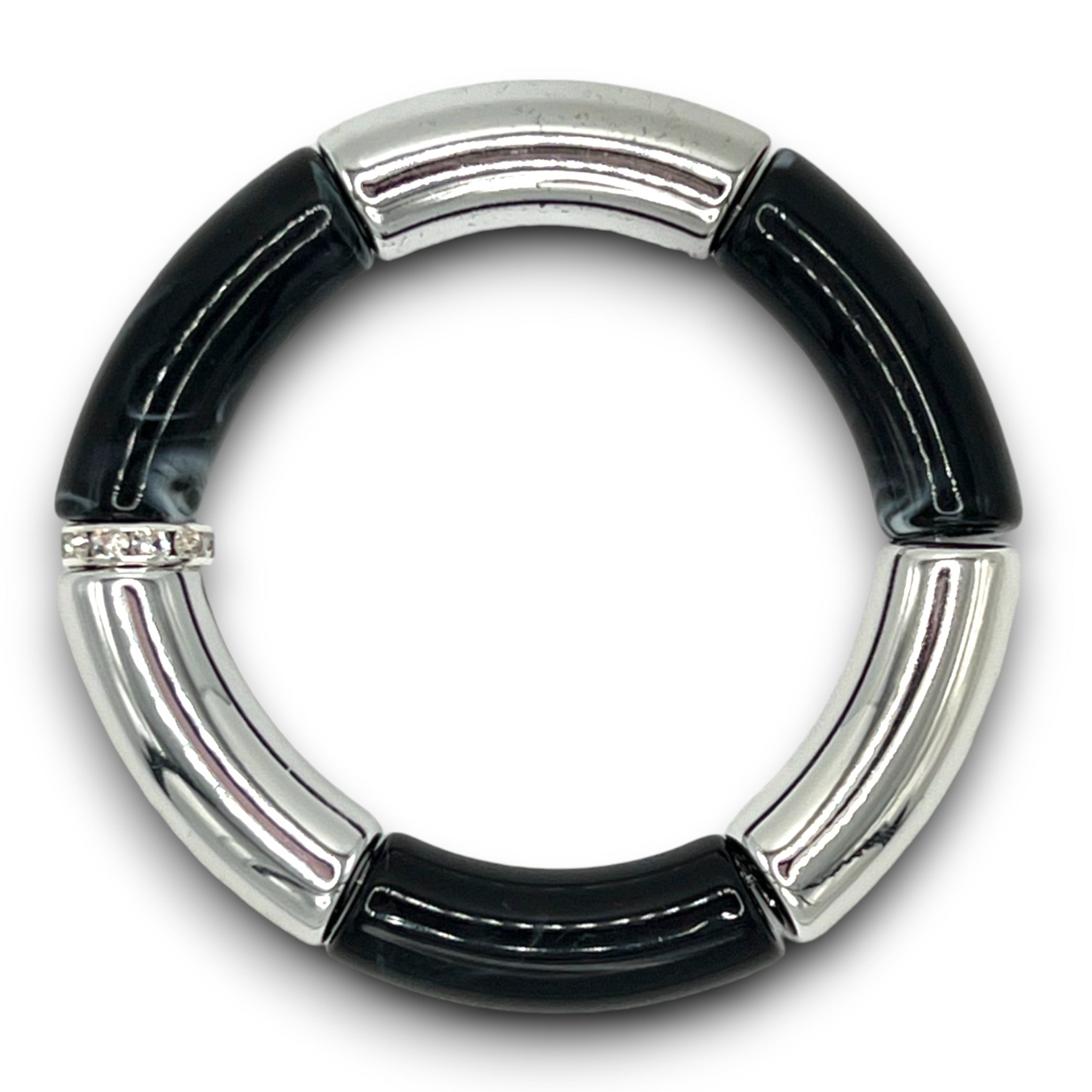 Silver and Black Resin Stretch Bracelet with a Diamond Rhinestone Roundel. 