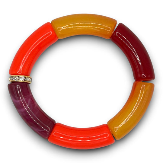 Bright Orange, merlot and purple beaded resin stretch bracelet with a diamond rhinestone roundel. 