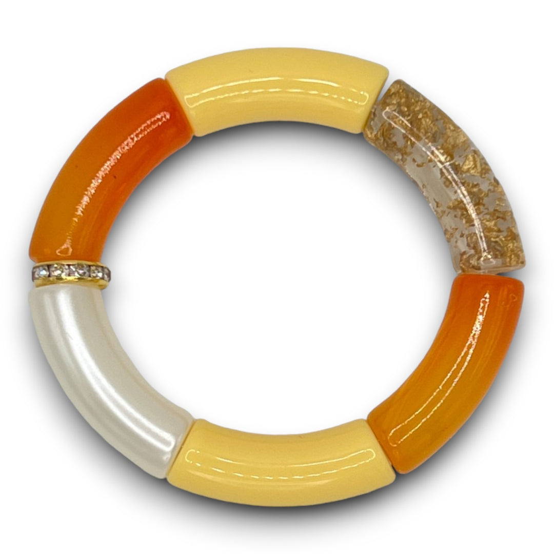 Yellow, Orange, White and Gold Beaded Resin Stretch Bracelet with a Diamond Rhinestone Roundel. 