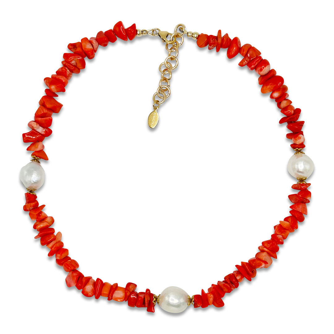 Red Sardinian coral necklace accented by three baroque pearls and a 14K gold filled clasp. 