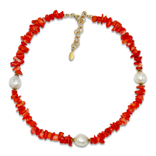 Red Sardinian coral necklace accented by three baroque pearls and a 14K gold filled clasp. 