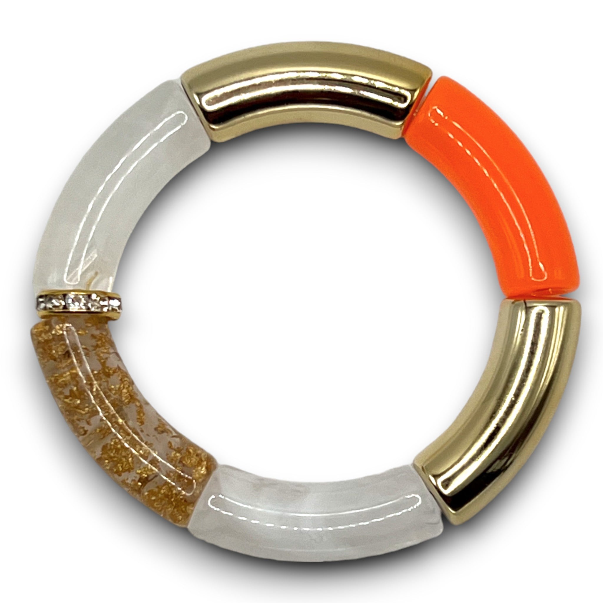 Gold, orange, and white beaded resin stretch bracelet with a diamond rhinestone roundel. 