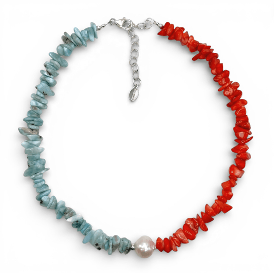 The Ischia Red Coral and Blue Larimar Necklace - Coralina